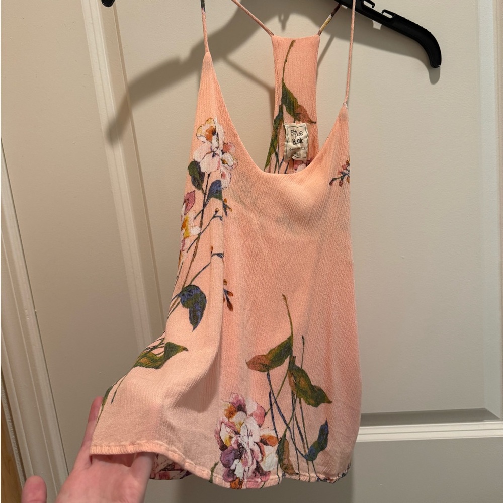 Pink floral spaghetti strap blouse